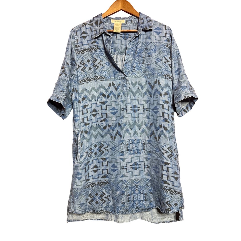Philosophy Women Large‎ Blue Aztec Tencel Lyocell Roll Tab Sleeves Tunic Dress